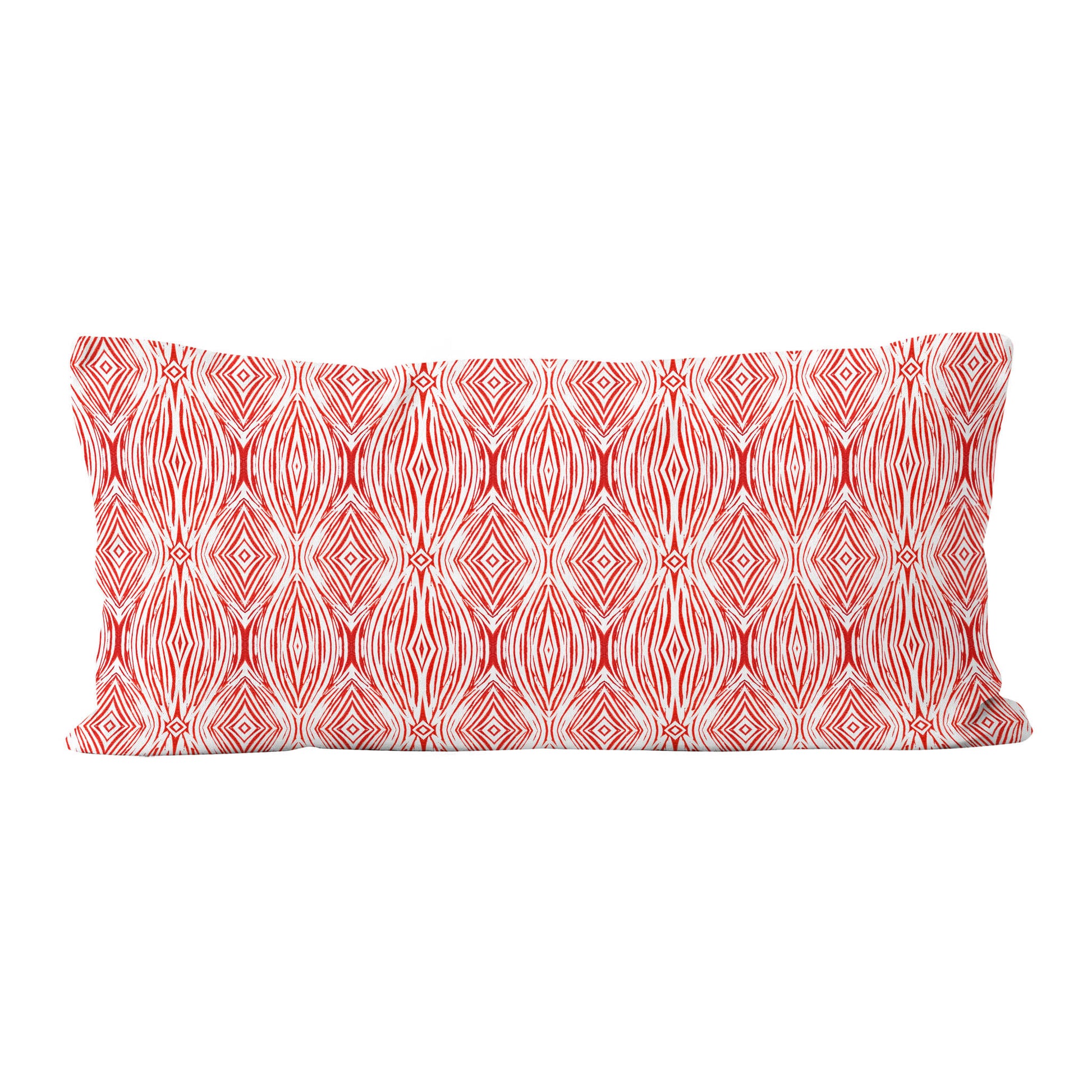 12 x 24 lumbar pillow featuring a red and white abstract linocut pattern.