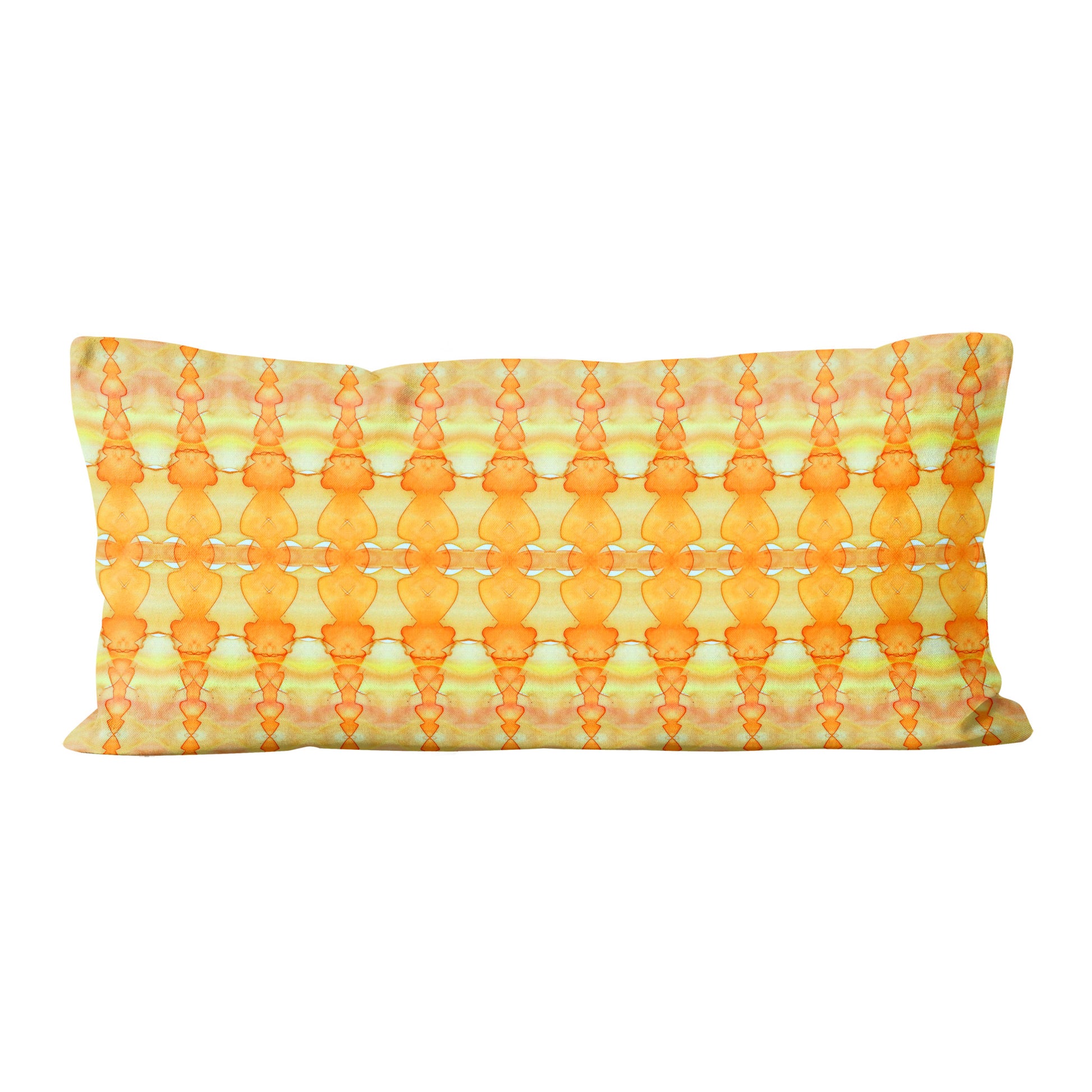 Rectangular lumbar pillow featuring abstract hand-painted yellow and orange pattern 