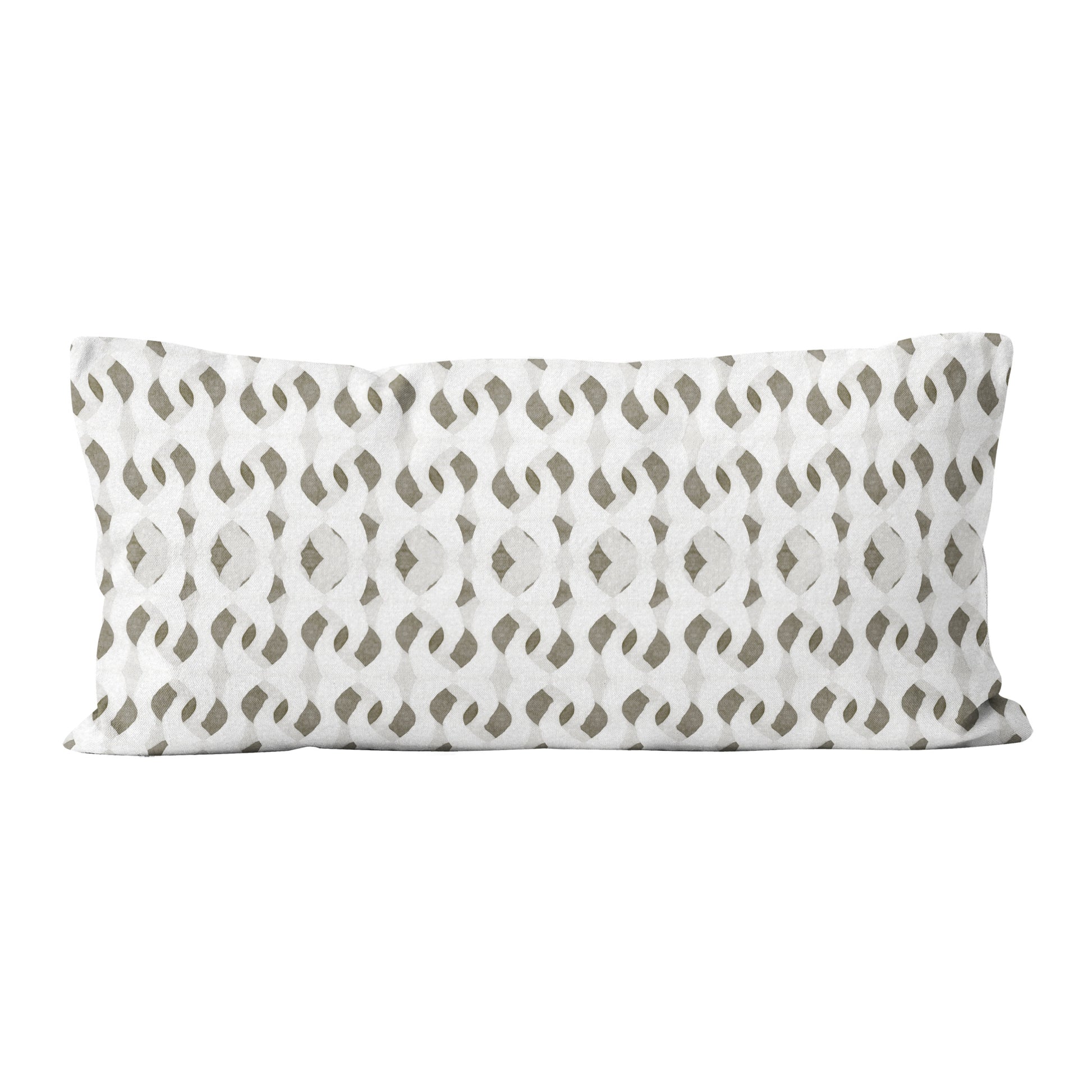Rectangular lumbar pillow featuring an abstract hand-painted pattern in warm white, grey, and beige tones.