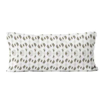 Rectangular lumbar pillow featuring an abstract hand-painted pattern in warm white, grey, and beige tones.