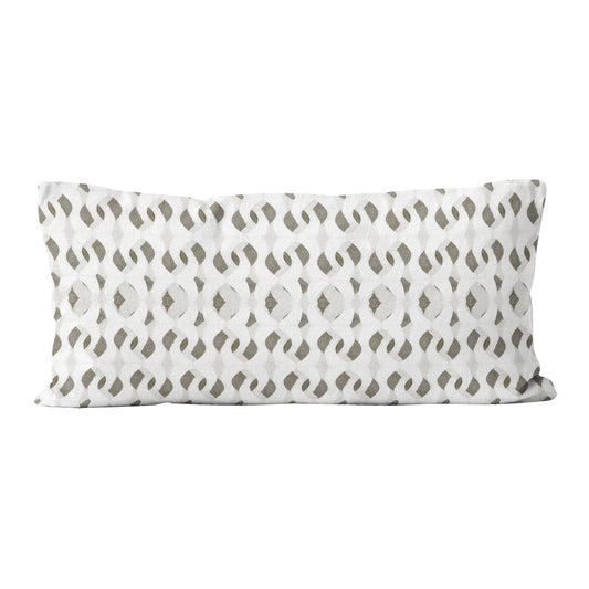 Rectangular lumbar pillow featuring an abstract hand-painted pattern in warm white, grey, and beige tones.