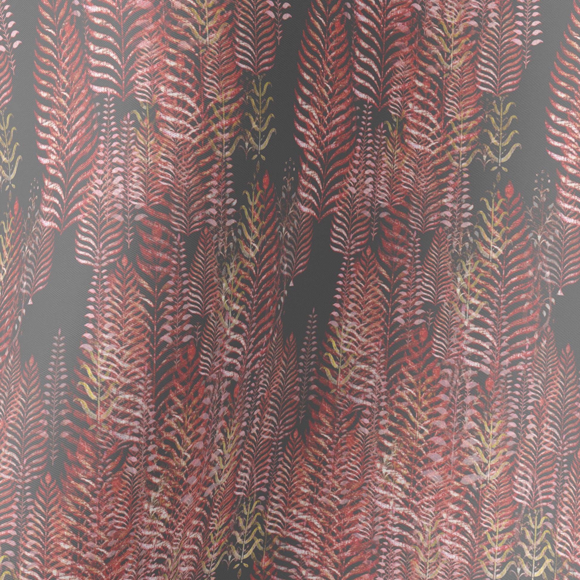 Detail of silk scarf featuring a pink and gray woodblock pattern.
