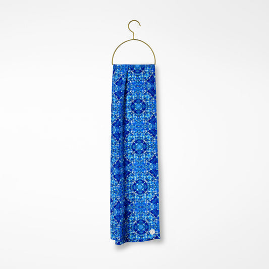 Lisbon oblong silk scarf featuring a cobalt blue, abstract hand-painted pattern.