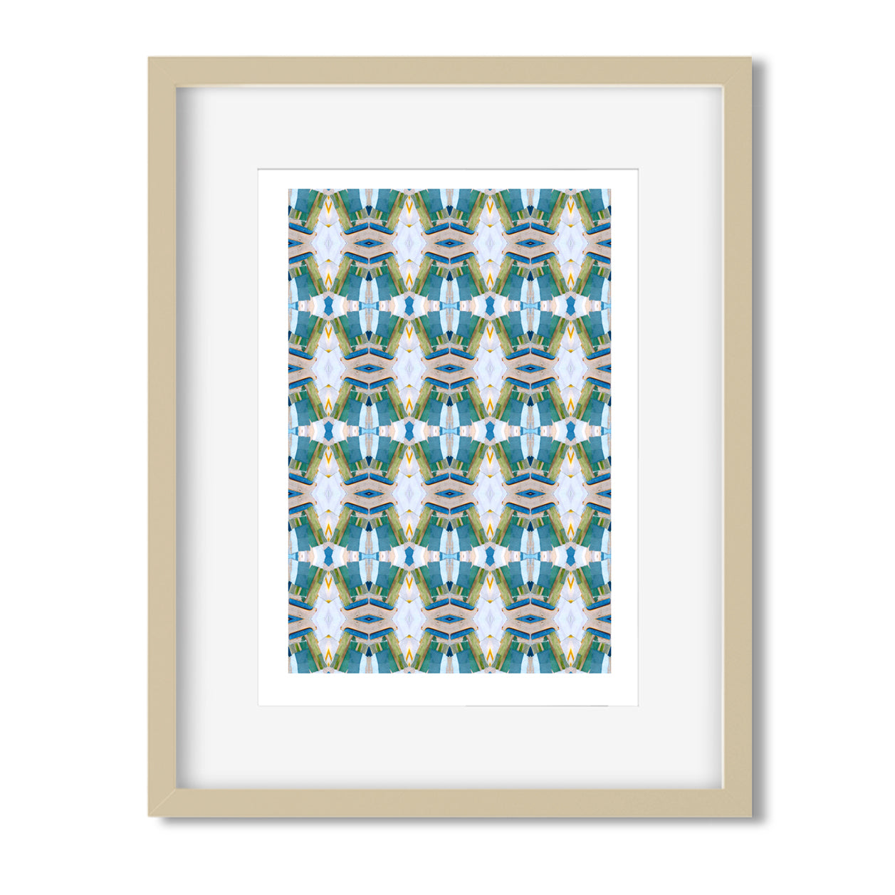 Framed print featuring abstract collaged pattern in turquoise.
