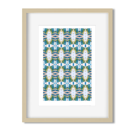 Framed print featuring abstract collaged pattern in turquoise.