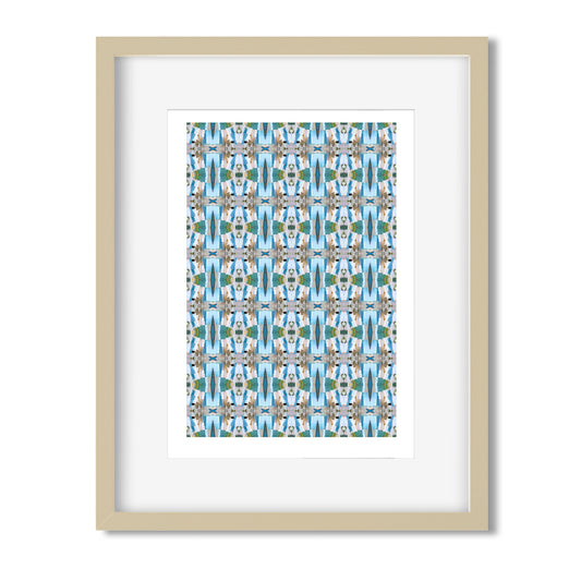 Framed mini print featuring an abstract collage pattern in turquoise tones.