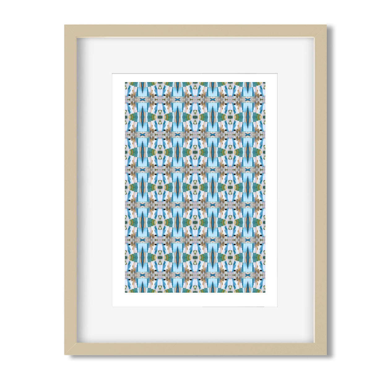 Framed mini print featuring an abstract collage pattern in turquoise tones.